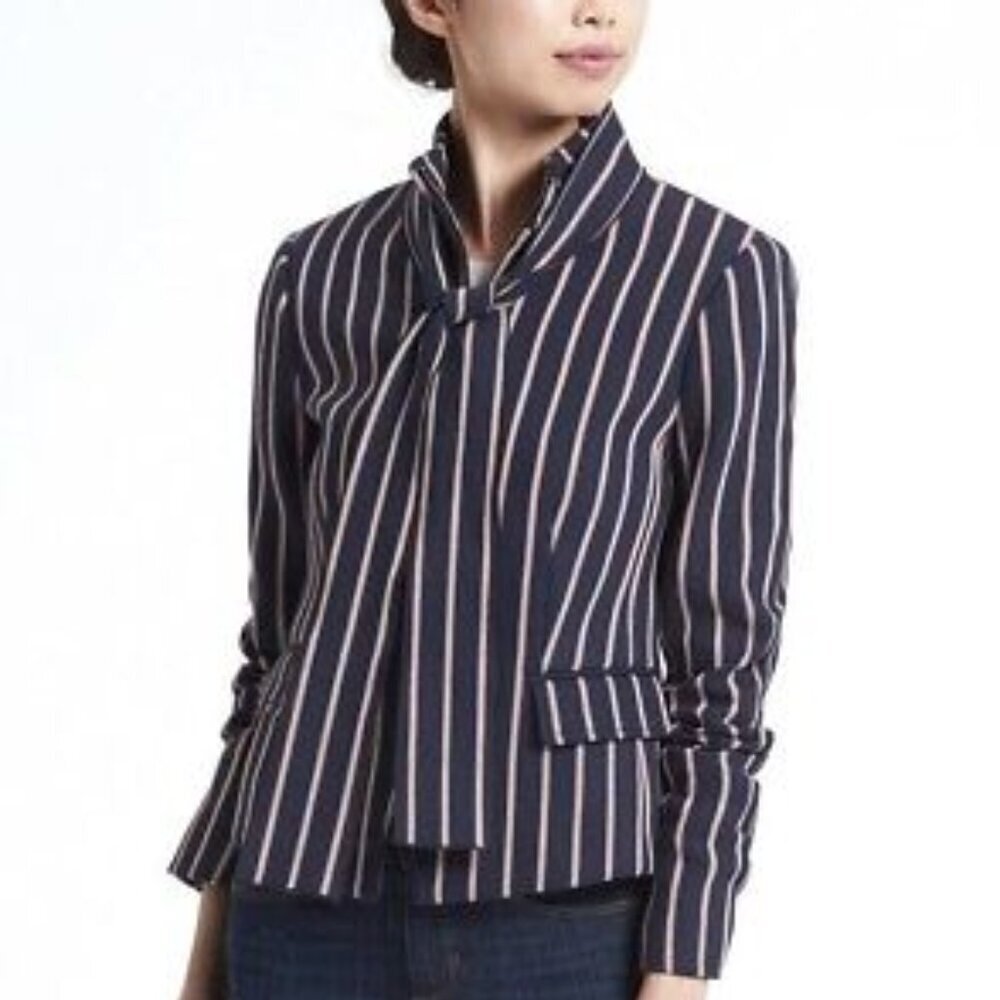 BANANA REPUBLIC STRIPE BOW-NECK ZIP FRONT JACKET IN BLUE | Size 6 TALL